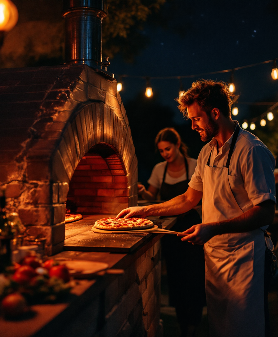 A crew working the wood-fired oven at night, one sliding a peel into the flame, another plating a pizza