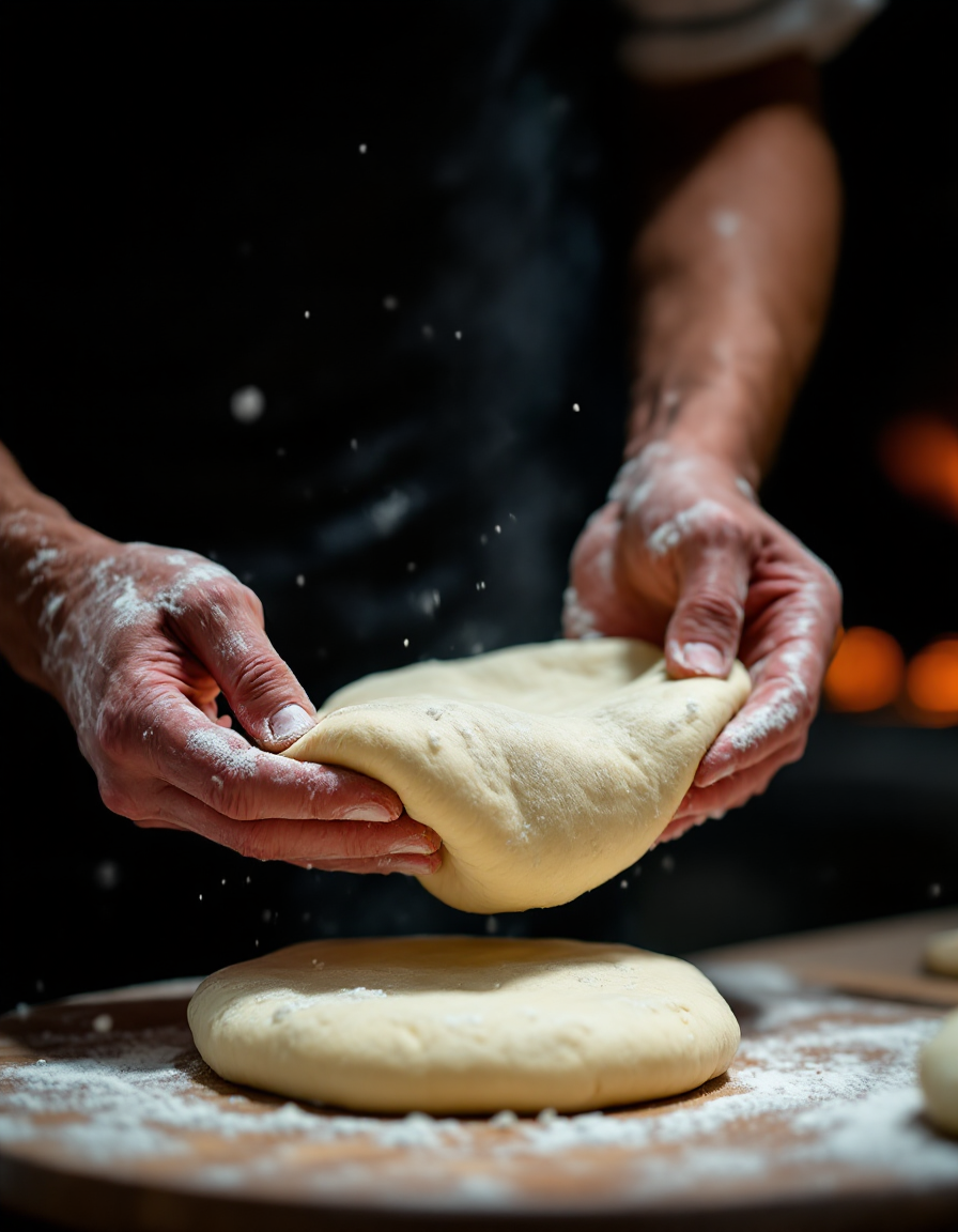 Flour-dusted hands stretching pizza dough on a wooden peel beside the open flame