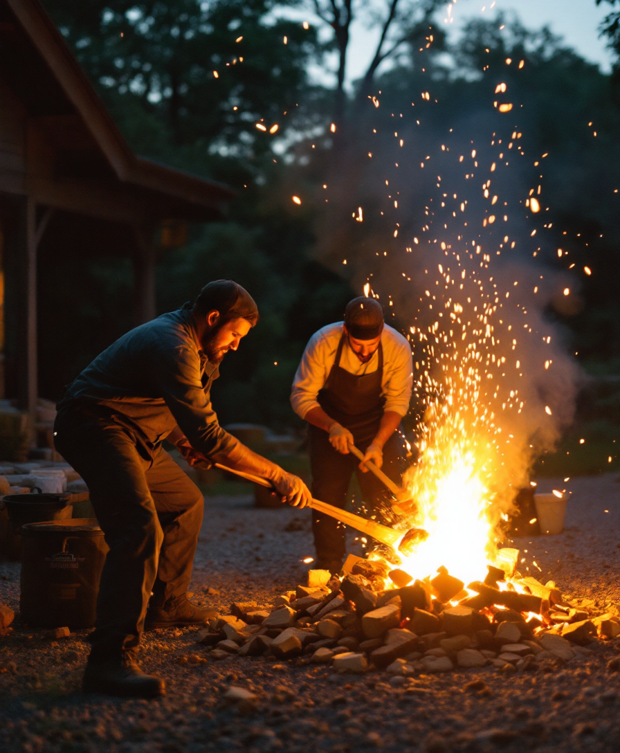A small crew feeding almond wood into a glowing oven at dusk