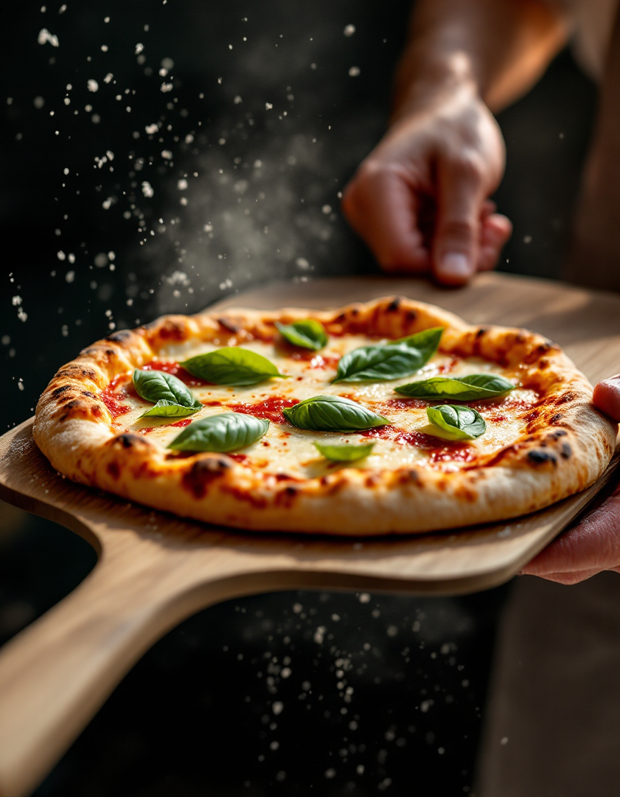 Hands pulling a blistered margherita pizza from the oven on a wooden peel