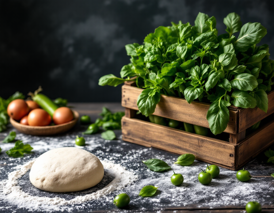 Market produce beside a ball of hand-mixed dough on a floured table